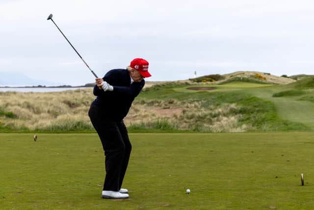 Donald Trump plays on the Ailsa Course at Trump Turnberry in 2023