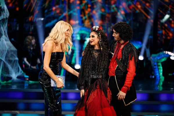 (Left-right) Tess Daly, Dr Punam Krishan and Gorka Marquez after Punam became the fifth celebrity to be eliminated from Strictly Come Dancing 2024. Picture: Guy Levy/BBC/PA Wire 