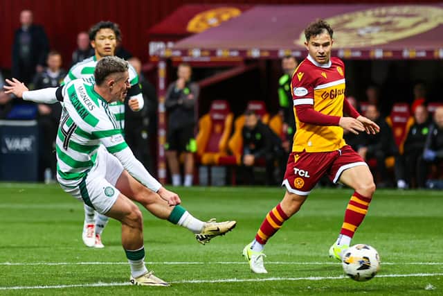 Luke McCowan scores Celtic's opener in the 3-0 win over Motherwell at Fir Park, on October 27, 2024. (Photo by Craig Williamson / SNS Group)