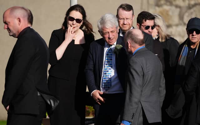 Former House of Commons Speaker John Bercow, centre, arrives for the funeral service of former first minister of Alex Salmond at Strichen Parish Church, Aberdeenshire