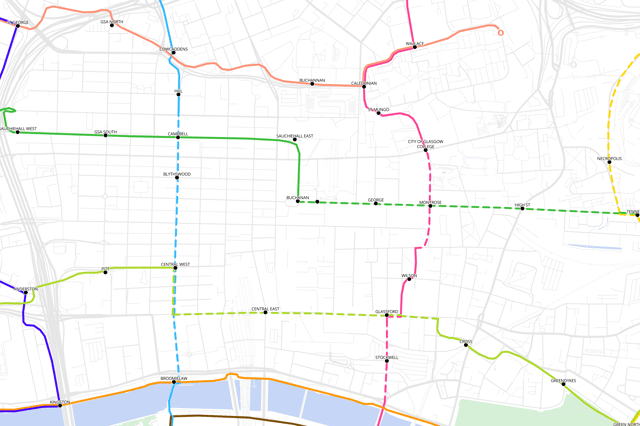 The hidden Glasgow cut-through between the west end and city centre beside the M8 is shown in orange at the top left corner of the map