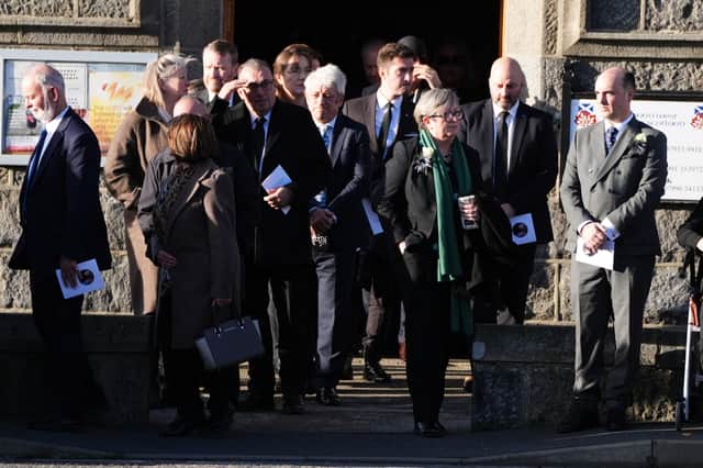 Former speaker of the House of Commons John Berkow (centre) and Joanna Cherry (third right) leave the funeral service of former first minister of Scotland Alex Salmond, at Strichen Parish Church in Strichen PIC: Andrew Milligan/PA Wire