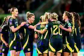 Scotland celebrate taking the lead against Hungary at Easter Road on Tuesday night. Cr: SNS Group.