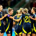 Scotland celebrate taking the lead against Hungary at Easter Road on Tuesday night. Cr: SNS Group.
