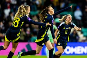 Caroline Weir celebrates Scotland's third at Easter Road. Cr: SNS Group.