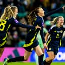 Caroline Weir celebrates Scotland's third at Easter Road. Cr: SNS Group.