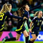 Caroline Weir celebrates Scotland's third at Easter Road. Cr: SNS Group.
