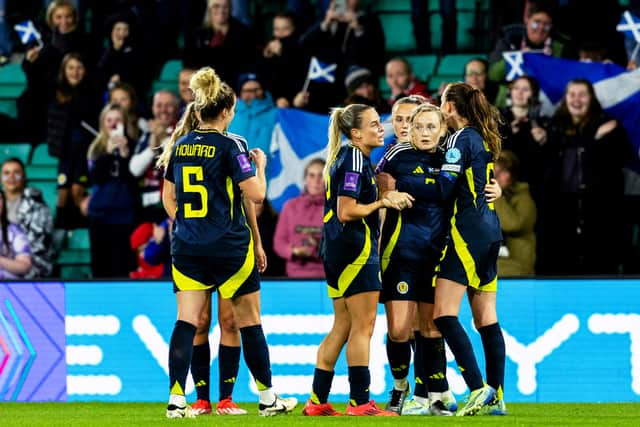 Scotland’s Erin Cuthbert celebrates after scoring to make it 2-0. Cr: SNS Group.