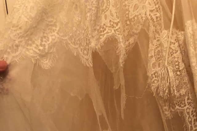 Jade Fellburn's wedding dress after it was destroyed by her dog Merry. Picture: Jade Fellburn/SWNS