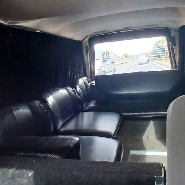 Maggie Martin's converted hearse into a campervan interior.