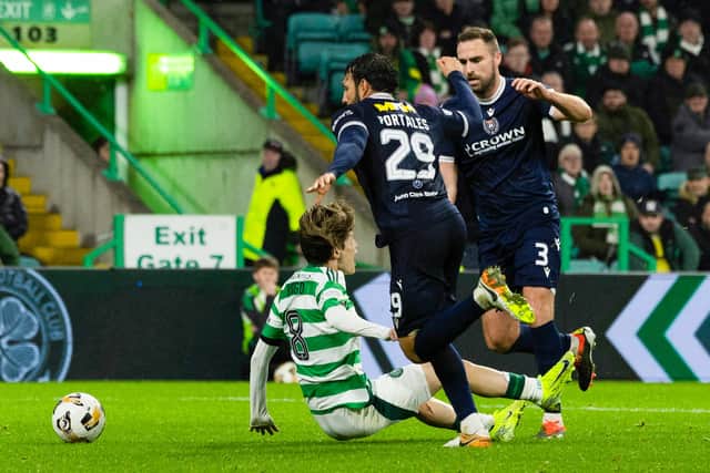 Dundee's Antonio Portales concedes a penalty for his challenge on Celtic's Kyogo Furuhashi. (Photo by Craig Foy / SNS Group)