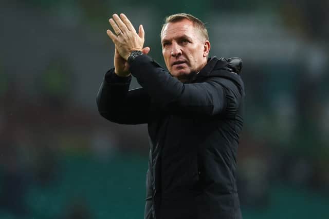 Celtic manager Brendan Rodgers applauds fans at full time after the 2-0 win over Dundee. (Photo by Ross MacDonald / SNS Group)
