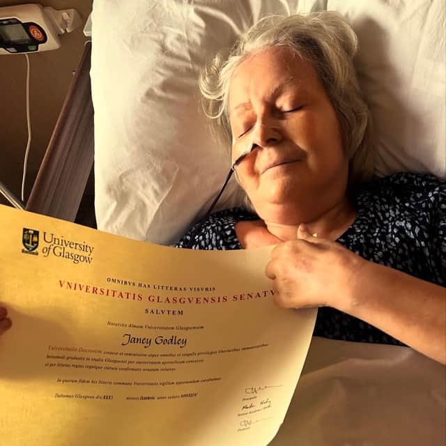Janey Godley with her certificate from the University of Glasgow