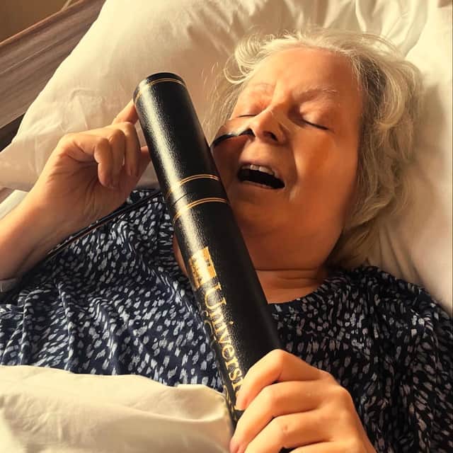 Comedian Janey Godley with her honorary degree from the Univeristy of Glasgow as she receives end-of-life care