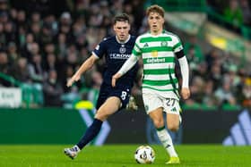Dundee youngster Josh Mulligan, a Scotland Under-21 international, tracks Celtic's £11m signing Arne Engels during his side’s 2-0 defeat at Parkhead on Wednesday. (Photo by Craig Foy / SNS Group)