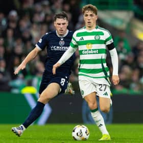 Dundee youngster Josh Mulligan, a Scotland Under-21 international, tracks Celtic's £11m signing Arne Engels during his side’s 2-0 defeat at Parkhead on Wednesday. (Photo by Craig Foy / SNS Group)