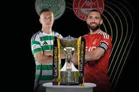Celtic's Callum McGregor and Aberdeen's Graeme Shinnie with the Premier Sports Cup trophy ahead of this weekend's semi-final match at Hampden. (Photo by SNS Group)
