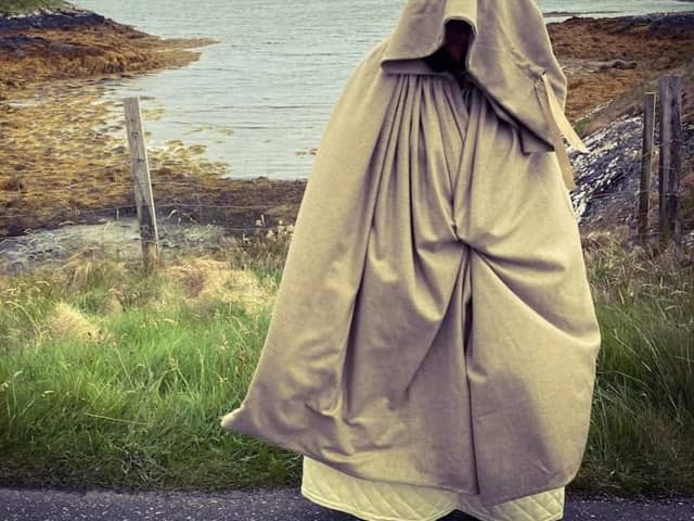 The remake of the cape and dress that Bonnie Prince Charlie would have worn when he fled where he was in hiding to Skye 