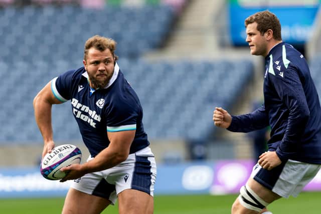 Scotland's Pierre Schoeman and Scott Cummings during a training session at Scottish Gas Murrayfield ahead of the Fiji game.