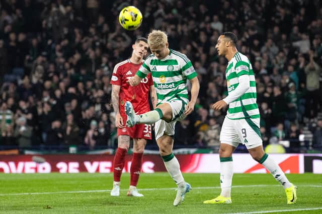 Daizen Maeda celebrates his hat-trick goal and Celtic's sixth against Aberdeen.