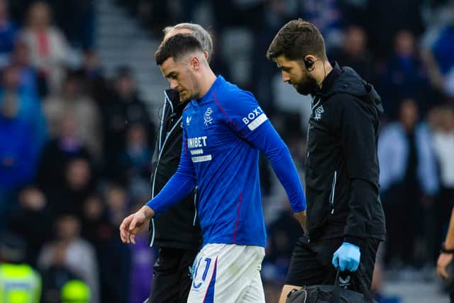 Tom Lawrence limped off during the first-half of Rangers’ Premier Sports Cup semi-final win over Motherwell on Sunday.