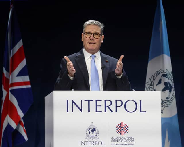 Prime Minister Sir Keir Starmer giving a speech during the Interpol General Assembly at the Scottish Event Campus in Glasgow