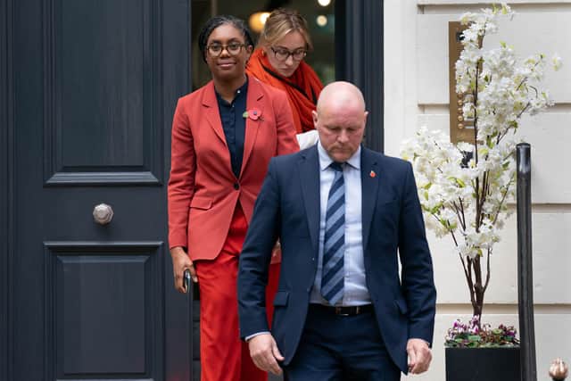 Newly elected leader of the Conservative Party, Kemi Badenoch, leaves party headquarters in Matthew Parker St, central London