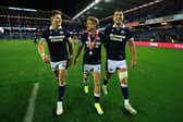 Scotland trio Huw Jones, Darcy Graham and Adam Hastings after the win over Fiji.