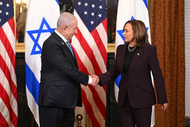 Kamala Harris met with Israeli Prime Minister Benjamin Netanyahu in July. Picture: Roberto Schmidt/AFP via Getty Images