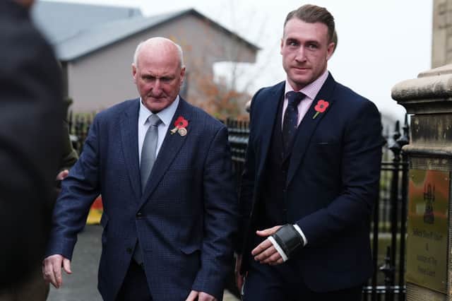 Former Scotland rugby captain Stuart Hogg leaves Selkirk Sheriff Court, with his father, where he admitted abusing his estranged wife over the course of five years. Picture: PA