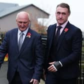 Former Scotland rugby captain Stuart Hogg leaves Selkirk Sheriff Court, with his father, where he admitted abusing his estranged wife over the course of five years. 