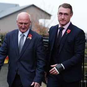 Former Scotland rugby captain Stuart Hogg leaves Selkirk Sheriff Court, with his father, where he admitted abusing his estranged wife over the course of five years. 
