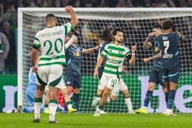 Celtic's Nicolas Kuhn celebrates after scoring to make it 1-1 against RB Leipzig. Cr: SNS Group.