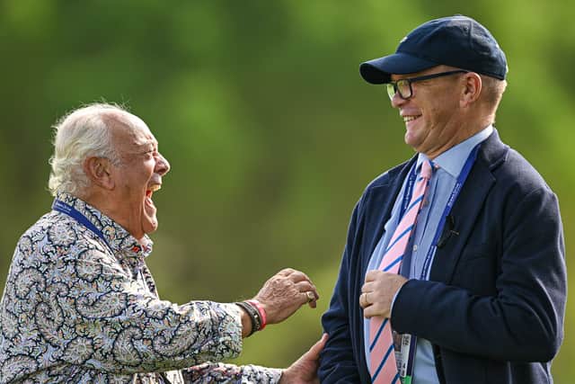 European Tour Group CEO Guy Kinnings, right, shares a laugh with Spanish legend Angel Gallardo during the Rolex Challenge Tour Grand Final supported by The R&A