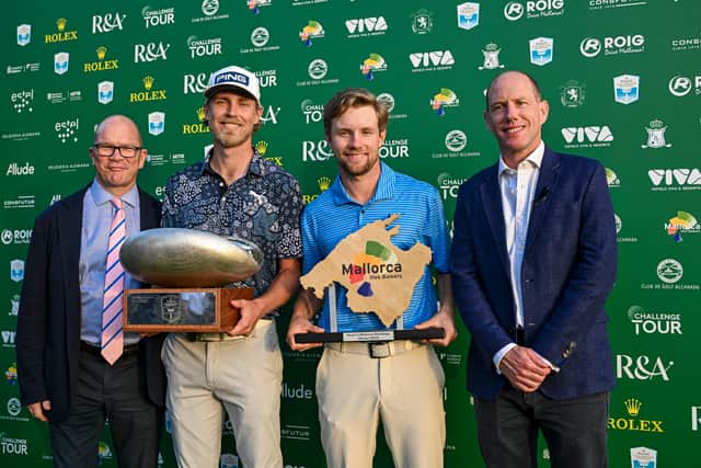 Guy Kinnings and Jamie Hodges,  Head of Challenge Tour, flank Rolex Challenge Tour Grand Final winner Kristoffer Reitan and Road to Mallorca No 1 Rasmus Neergaard Petersen