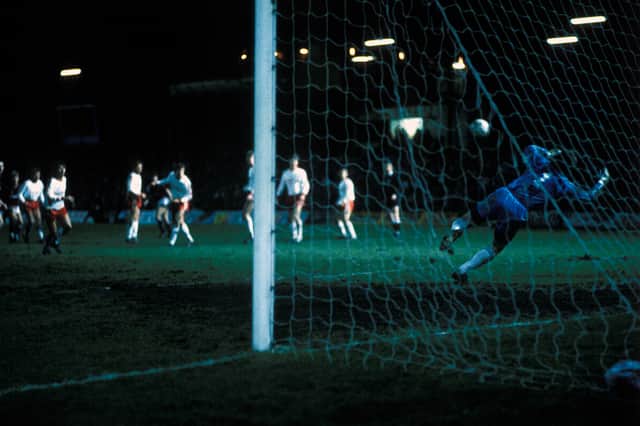 Hearts striker Iain Ferguson (3rd from right) strikes the winning goal past Bayern Munich keeper Aumann in a UEFA Cup quarter-final 1st leg at Tynecastle in February 1989.