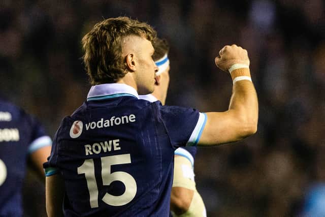 Scotland's Kyle Rowe celebrates his first half try against Fiji.