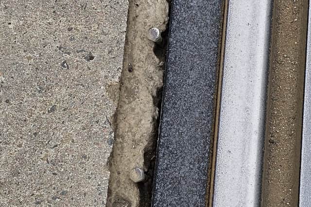 Concrete damage to the tram tracks in Leith Walk