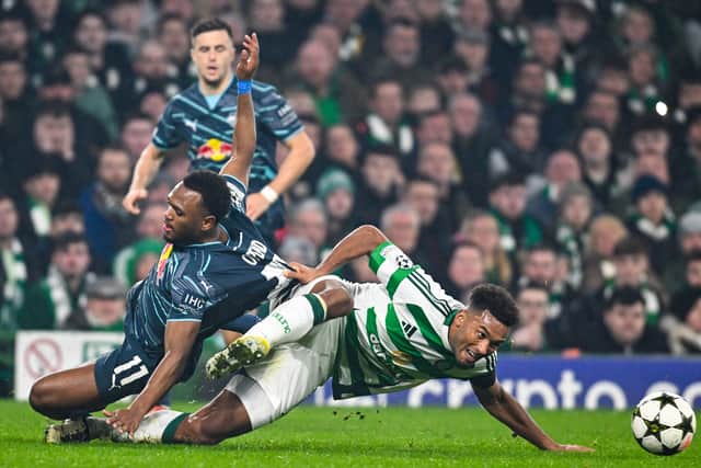 Celtic's Auston Trusty (R) and Leipzig's Lois Openda in action during Tuesday's 3-1 win for the home side. Cr: SNS Group.