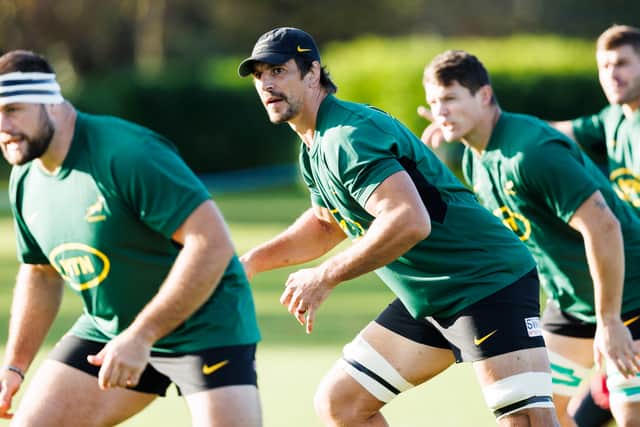 Eben Etzebeth, centre, during a South Africa training session at Merchiston Castle School in Edinburgh.