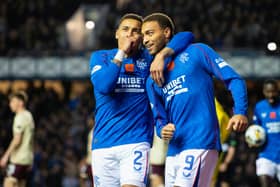 James Tavernier and Cyriel Dessers celebrate the game's opening goal at Ibrox. Cr: SNS Group.