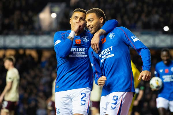 James Tavernier and Cyriel Dessers celebrate the game's opening goal at Ibrox. Cr: SNS Group.