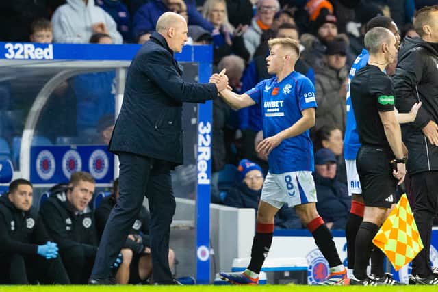 Rangers midfielder Connor Barron with manager Philippe Clement as he is substituted off during the 1-0 win over Hearts at Ibrox. (Photo by Alan Harvey / SNS Group)