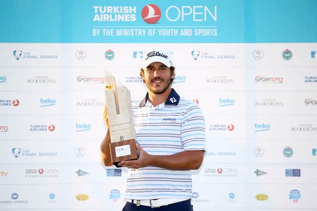 Brooks Koepka shows off the trophy after winning the 2014 Turkish Airlines Open at The Montgomerie Maxx Royal in Belek. 