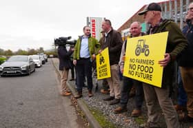 Farmers protest outside the Northern Farming Conference in Hexham in Northumberland against the government's proposals to reform inheritance tax rule