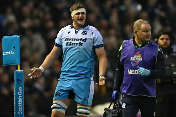 Scotland lock Scott Cummings reacts as he is sent to the sin bin against South Africa. It was later upgraded to a 20-minute red card.