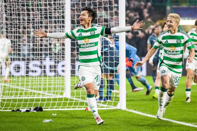 Celtic's Reo Hatate celebrates after scoring to make it 3-1 over RB Leipzig in the Champions League. (Photo by Craig Williamson / SNS Group)