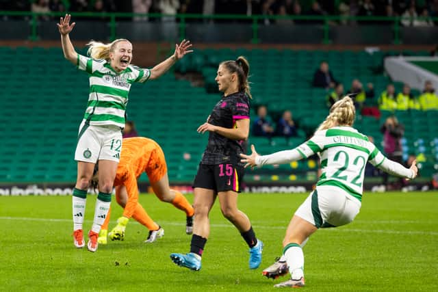 Murphy Agnew celebrates scoring Celtic’s first ever goal in the Women’s Champions League group stages as the hosts gave Chelsea a scare in a 2-1 defeat. (Photo by Ross Parker / SNS Group)