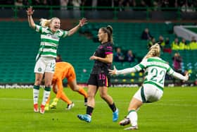 Murphy Agnew celebrates scoring Celtic’s first ever goal in the Women’s Champions League group stages as the hosts gave Chelsea a scare in a 2-1 defeat.  (Photo by Ross Parker / SNS Group)