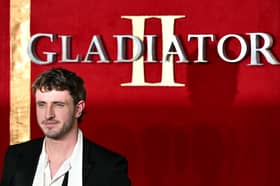 Irish actor Paul Mescal poses on the red carpet upon arrival at the premiere of Gladiator II. 